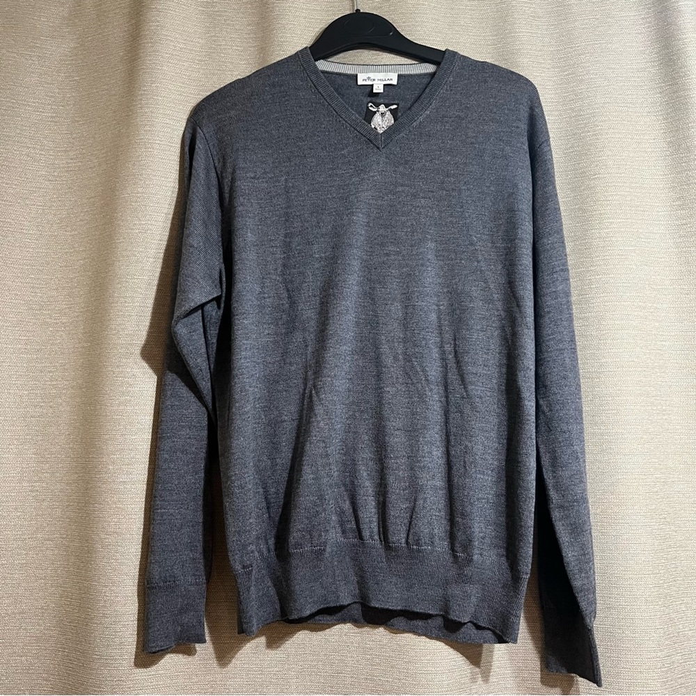 Peter Millar Gray Merino Silk Blend V-Neck Sweater - Large Golf Preppy